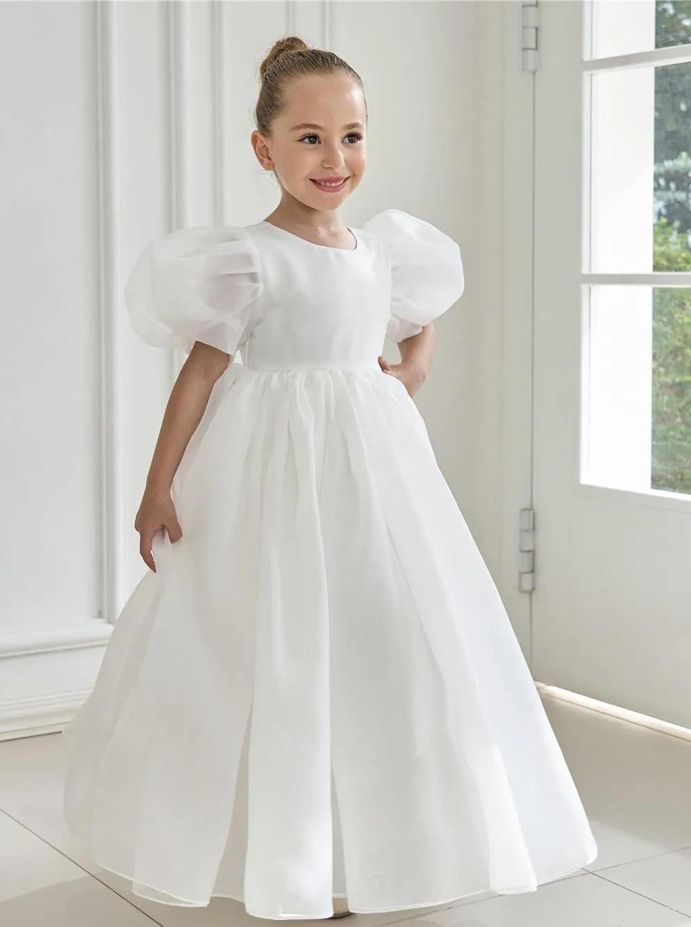 2Bunnies Girls' Organza Puff Sleeve Babydoll Dress in White Maxi