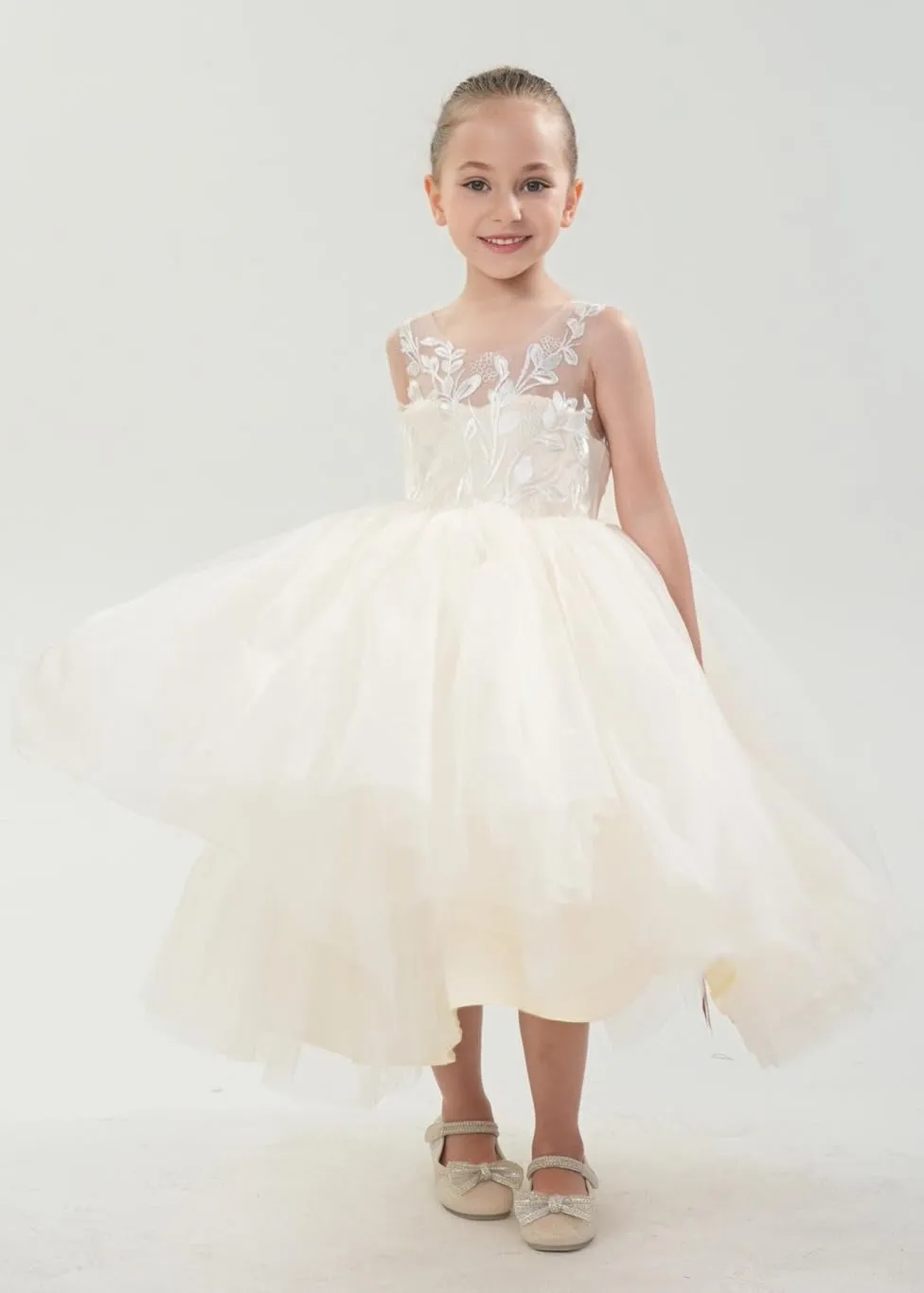 2Bunnies Girls' Sleeveless Maxi Embroidered Tulle Dress