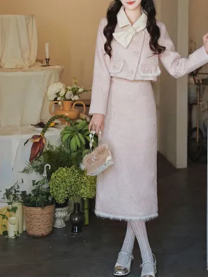 2PS Pink Turn Down Collar Long Sleeve Wool Coat With Skirt Suit