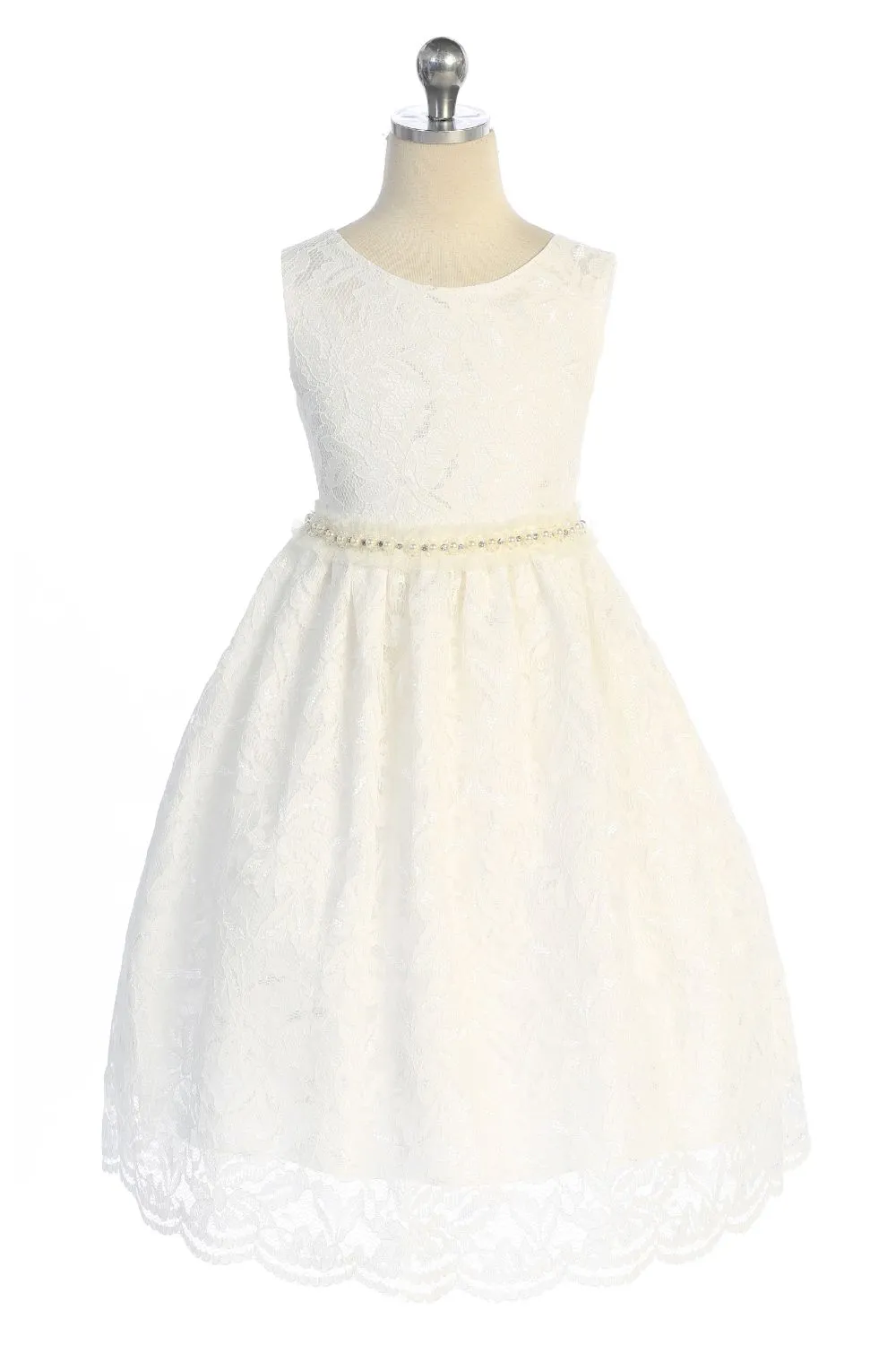 526-B- Lace V Back Bow Dress w/ Mesh Pearl Trim
