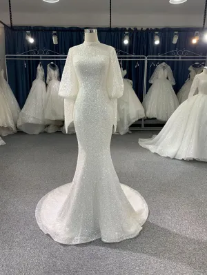 #703 Long Sleeved Sequins Beaded  Wedding Dress With Train
