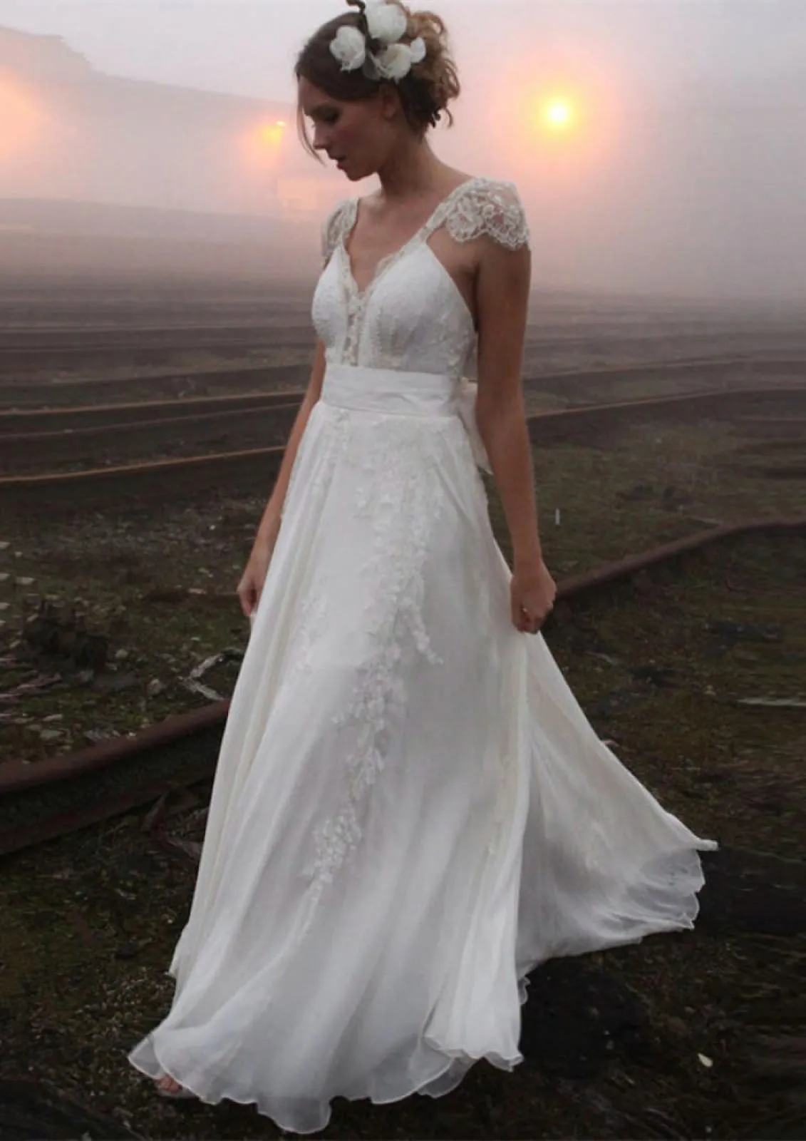 A-line Lace Cap Sleeve Backless Court Chiffon Wedding Dress, Bowknot