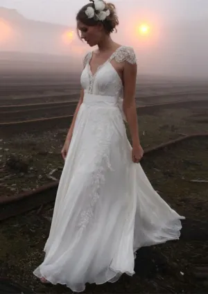 A-line Lace Cap Sleeve Backless Court Chiffon Wedding Dress, Bowknot