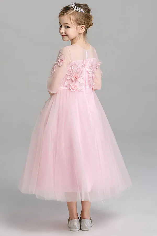 A Line Round Neck 3/4 Sleeves With Appliques Tea Length Flower Girl Dresses