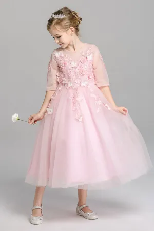 A Line Round Neck 3/4 Sleeves With Appliques Tea Length Flower Girl Dresses