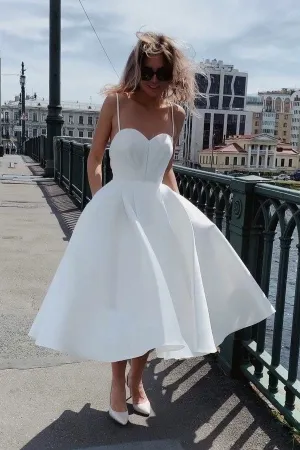 A-line Satin White Tea-Length Bridal Dresses with Thin Straps