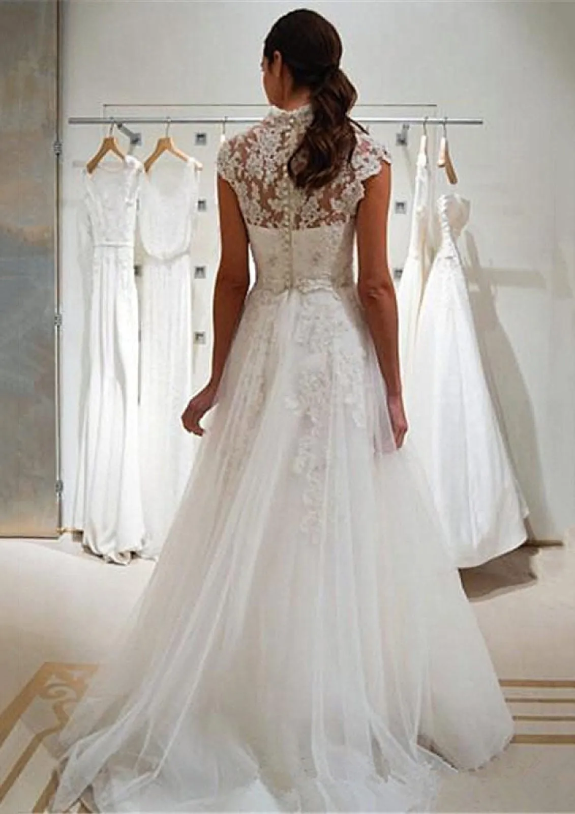 A-Line Scalloped Neck Ivory Lace Tulle Sweep Wedding Dress, Buttons