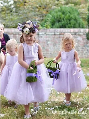 A-Line Scoop Neck Sleeveless Purple Tea Length Flower Girl Dresses, QB0822