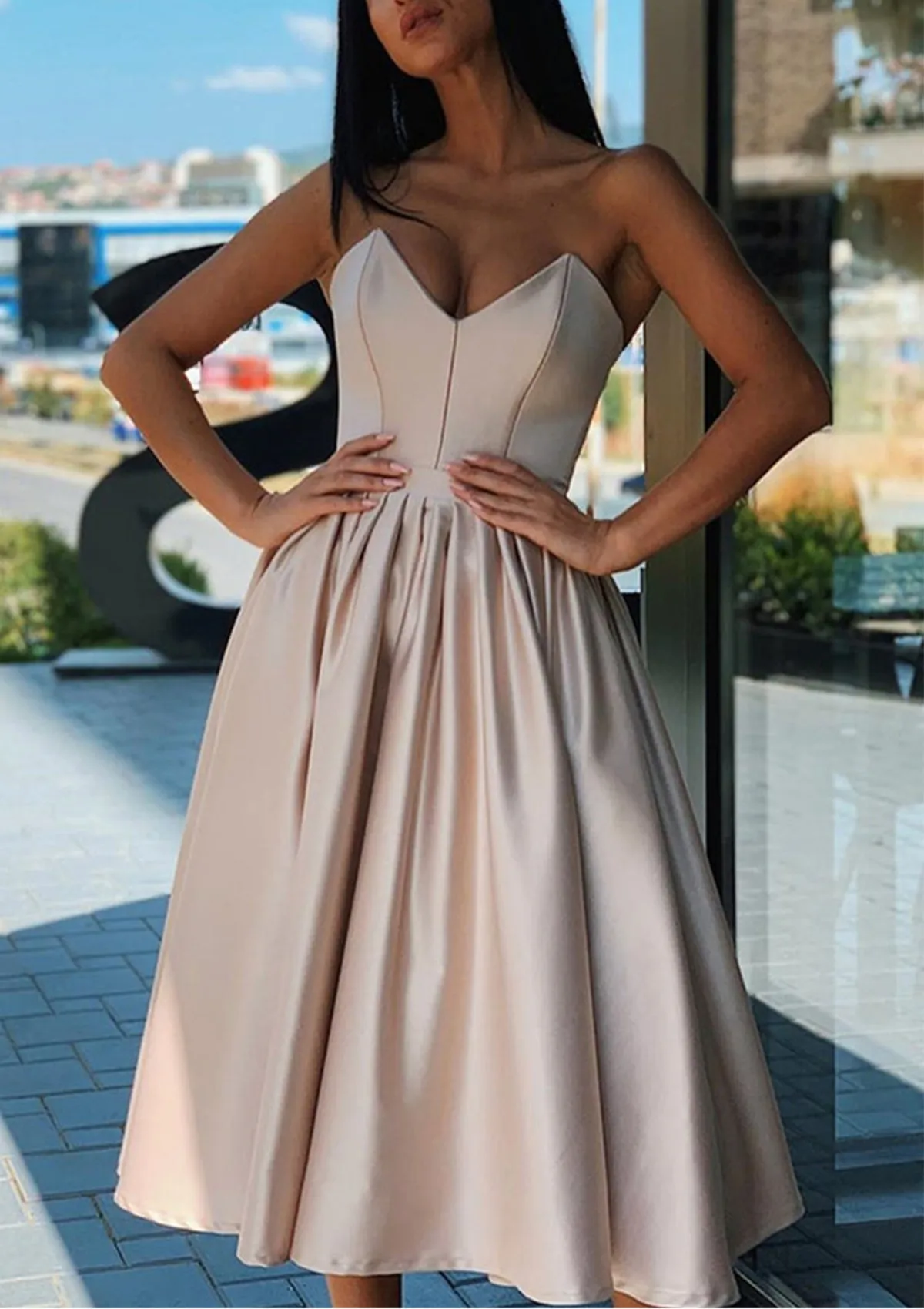 A-line Strapless Sweetheart Tea-Length Pink Satin Homecoming Dress, Pleated
