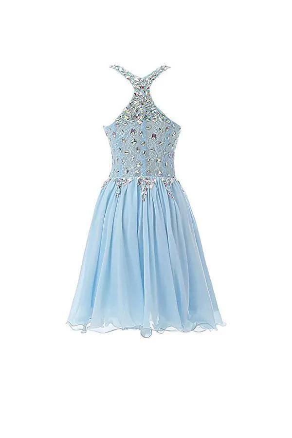 A-line Straps Short Prom Dress V Neck Beads Homecoming Dress PG058