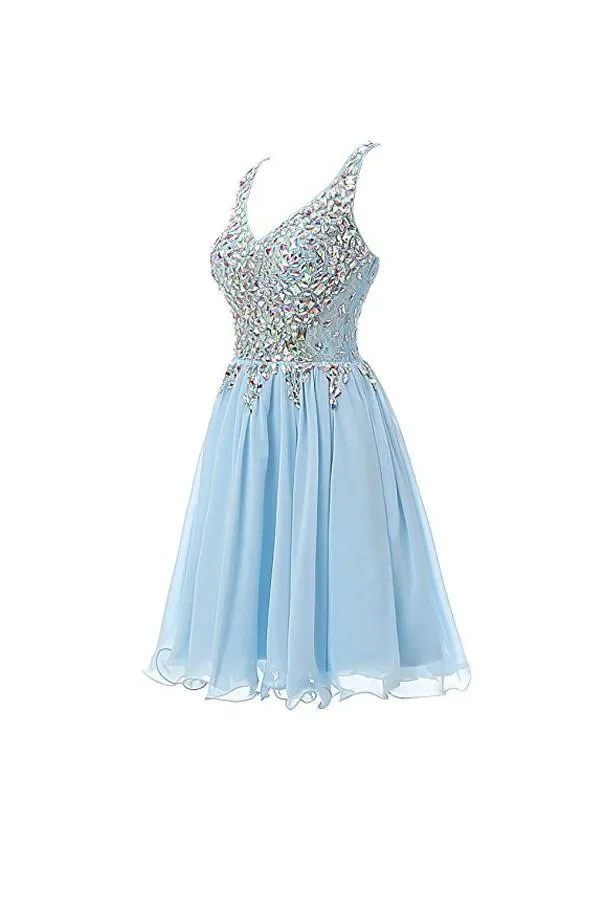 A-line Straps Short Prom Dress V Neck Beads Homecoming Dress PG058