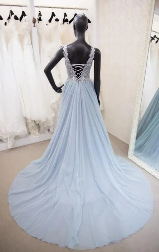 A line V-back Light Blue Evening Dress