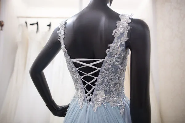 A line V-back Light Blue Evening Dress