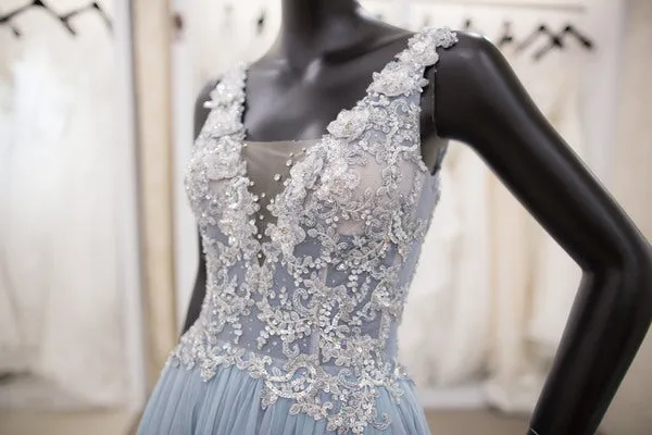 A line V-back Light Blue Evening Dress