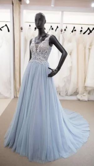 A line V-back Light Blue Evening Dress
