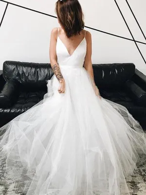 A Line V Neck White Tulle Long Prom, V Neck White Wedding, White Formal, Evening