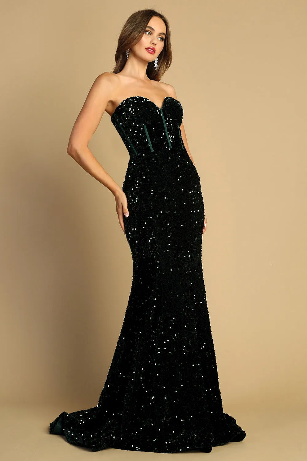 AD 3112 - Full Sequin Strapless Fit & Flare Prom Gown with Boned Bodice & Open Lace Up Corset Back