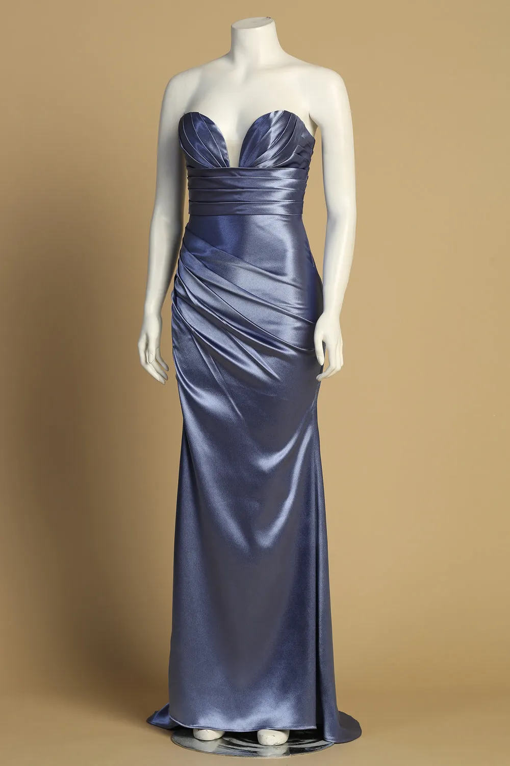 AD 3177 - Strapless Stretch Satin Prom Gown With Ruched Waist & Leg Slit