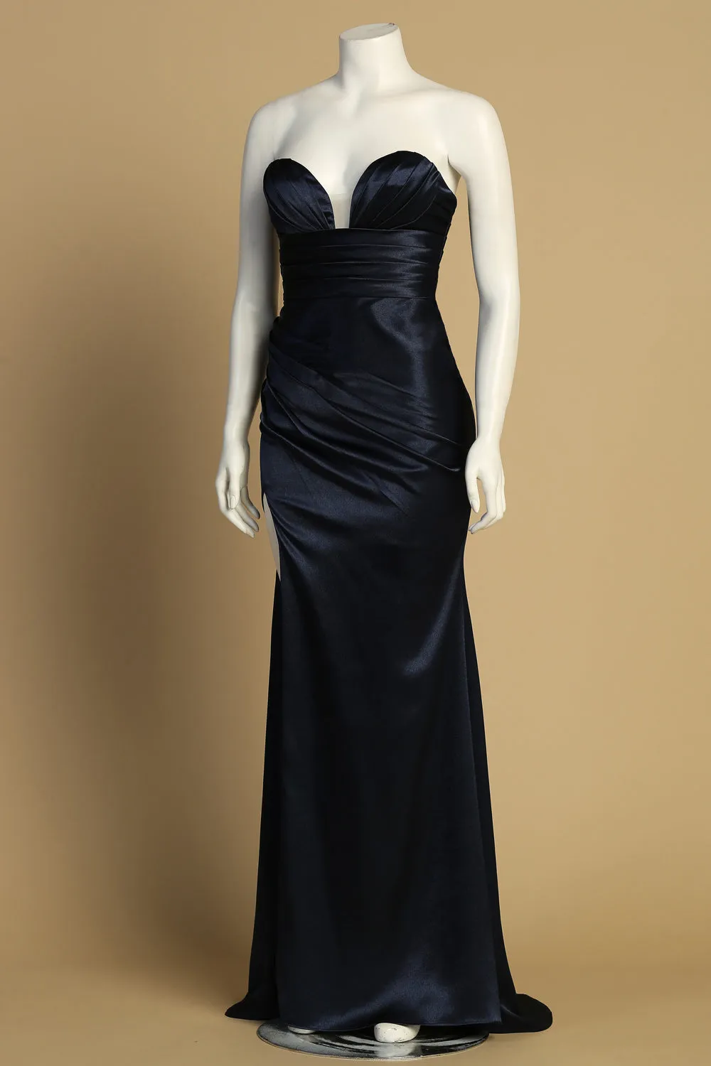 AD 3177 - Strapless Stretch Satin Prom Gown With Ruched Waist & Leg Slit