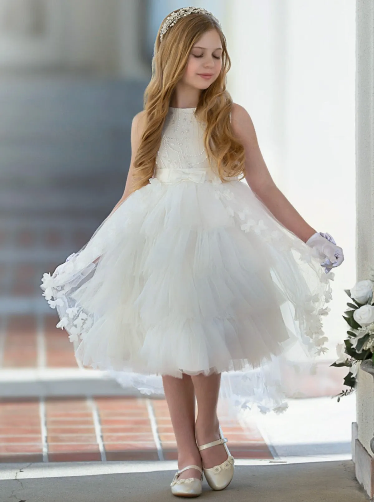 Adorable At The Ball Tiered Hi-Lo Tulle Communion Gown