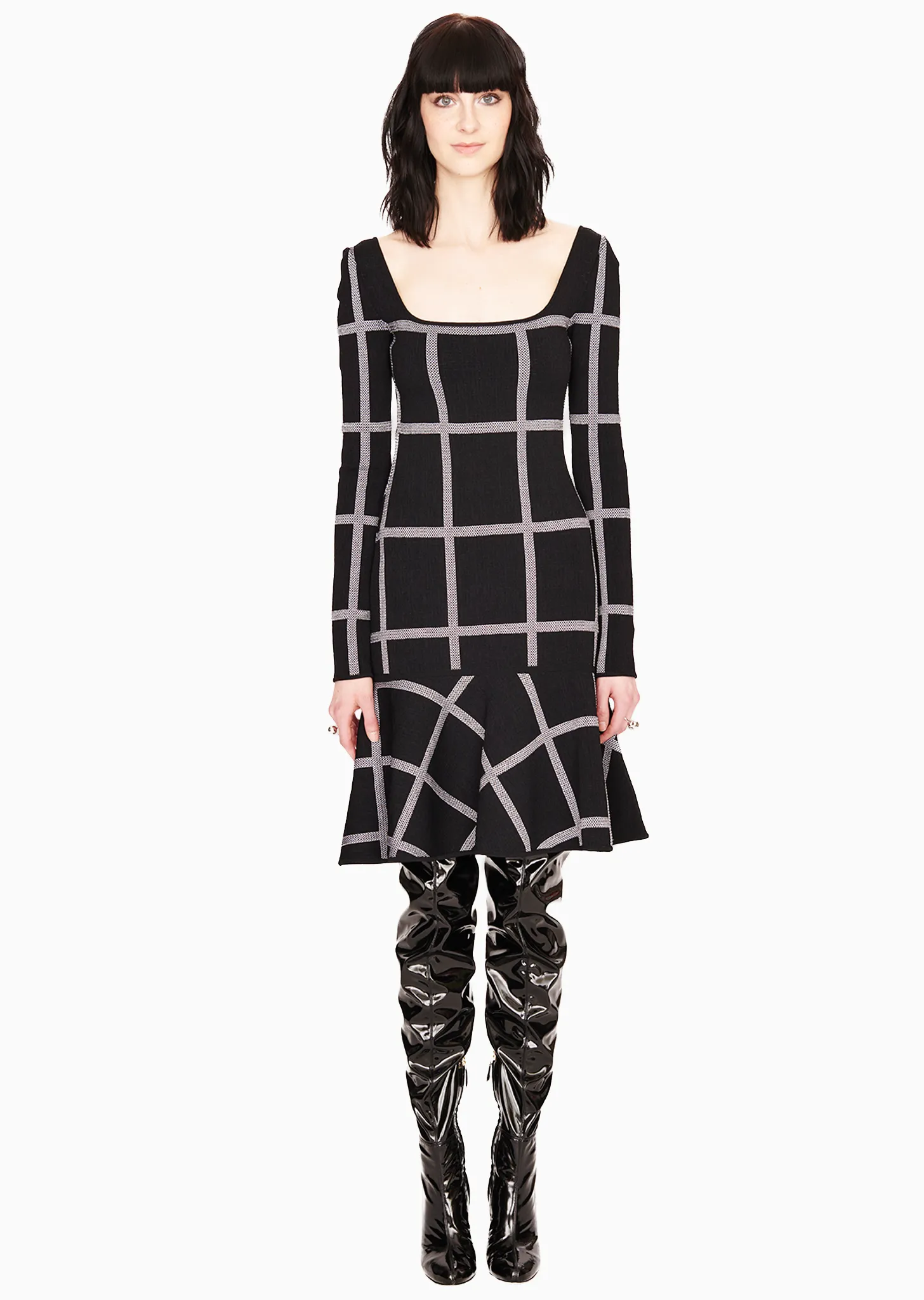 Agatha - Fit and Flare, Plaid, Long Sleeve Dress with Trumpet Skirt