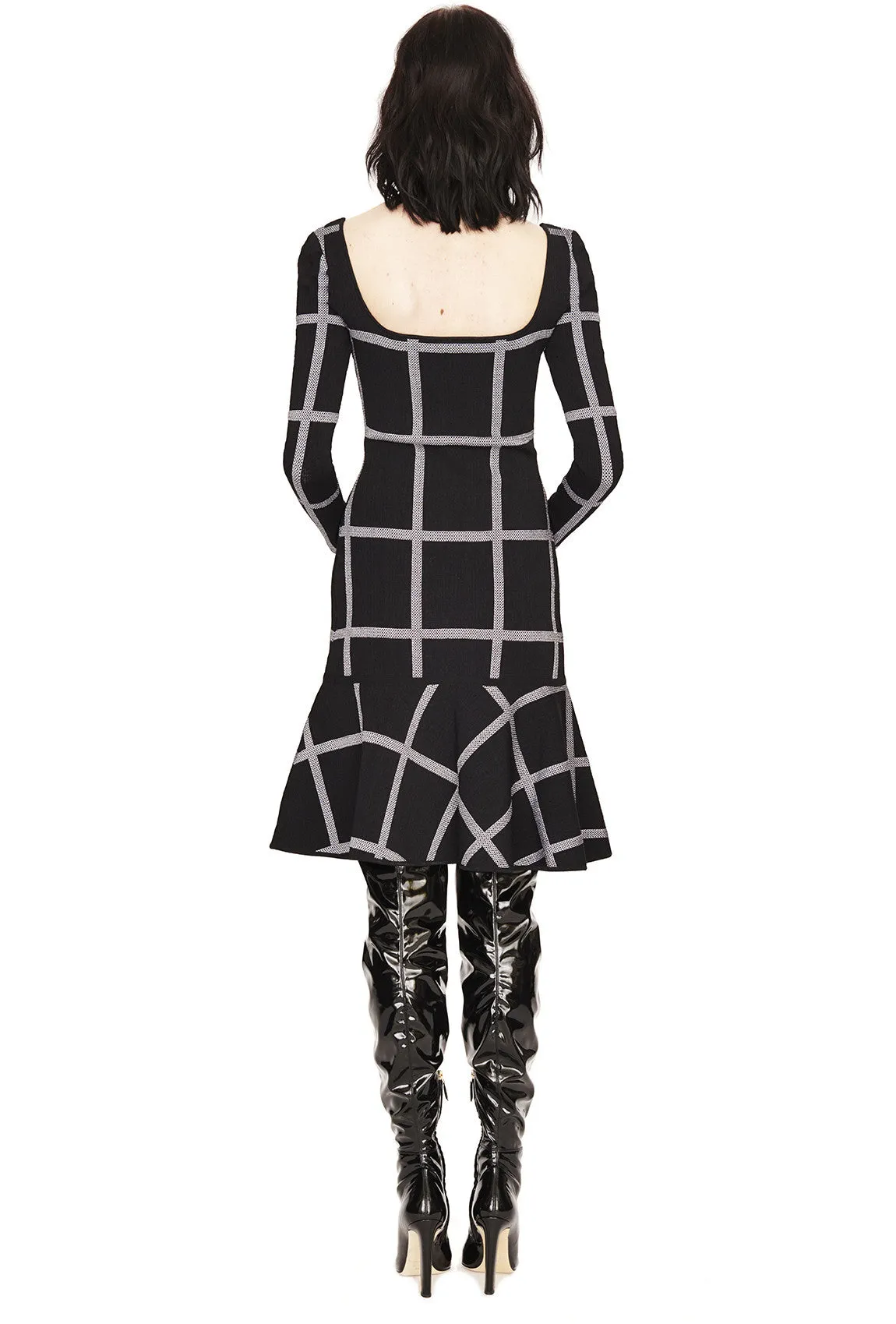 Agatha - Fit and Flare, Plaid, Long Sleeve Dress with Trumpet Skirt