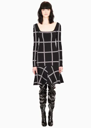 Agatha - Fit and Flare, Plaid, Long Sleeve Dress with Trumpet Skirt