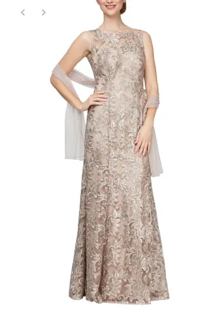Alex Evenings Long Embroidered Dress w/ Matching Shawl