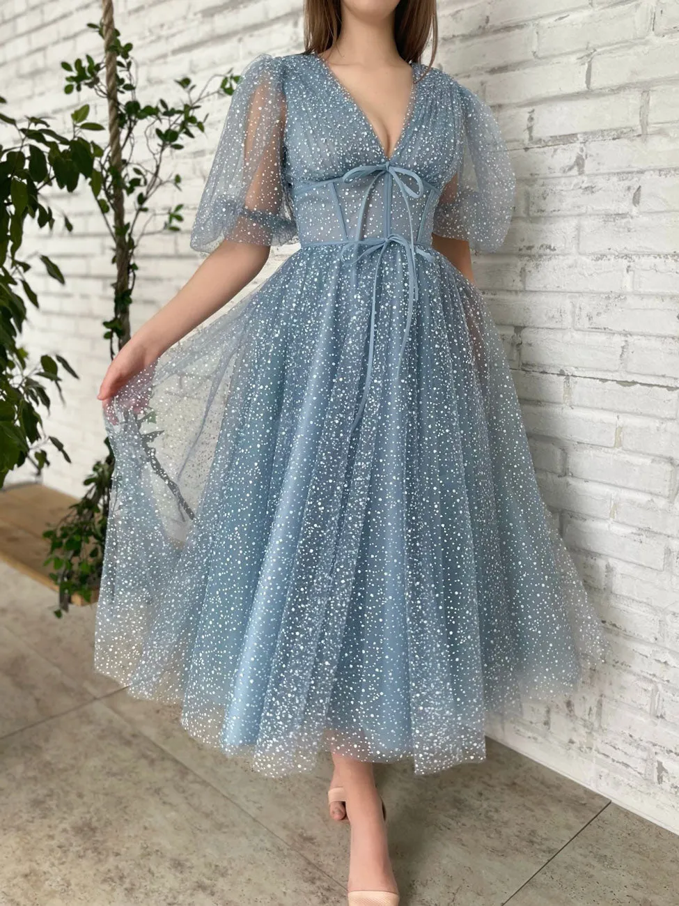 Aline Gray Blue Prom Dresses, Tea Length Gray Blue Bridesmaid Dress