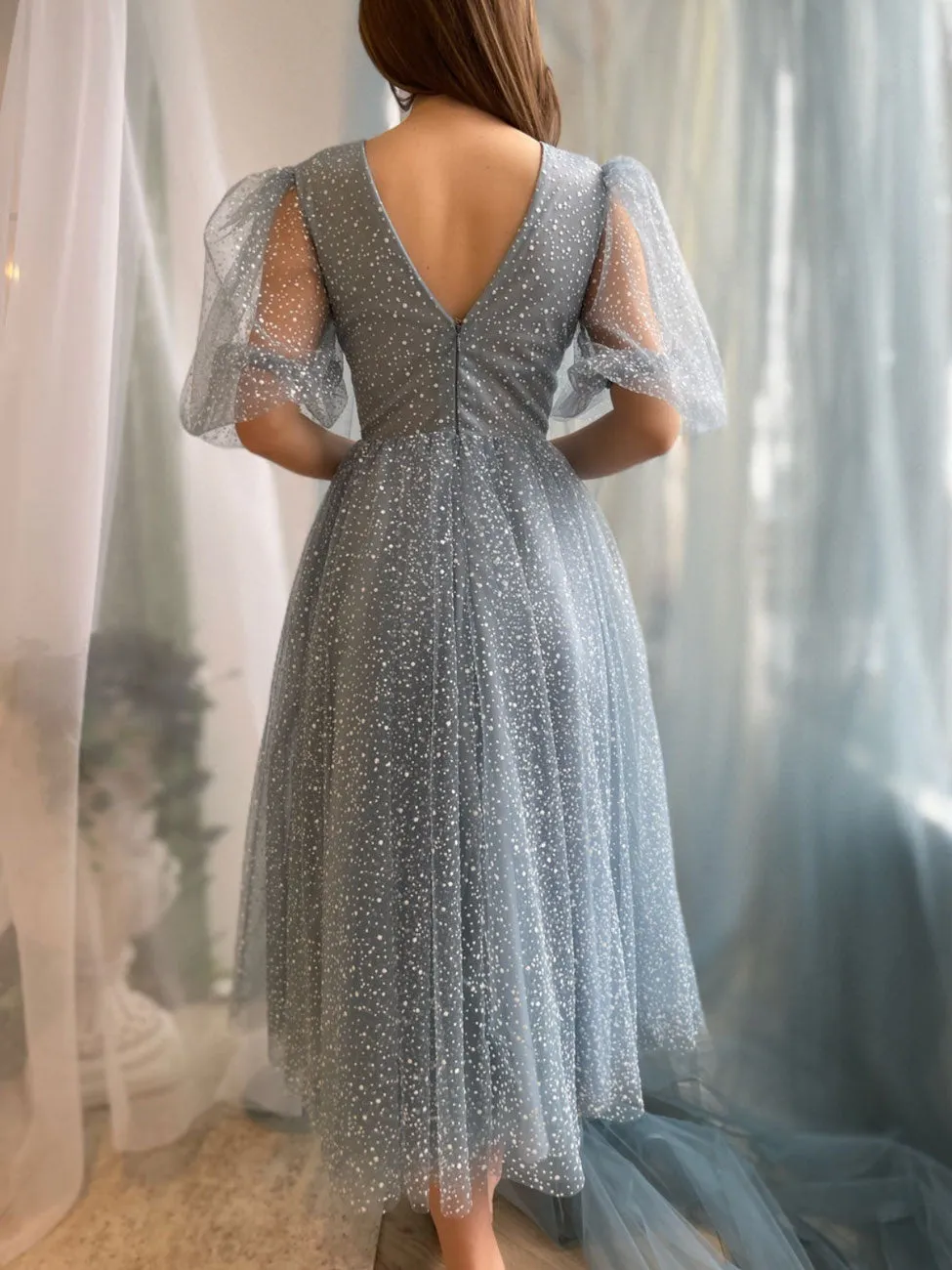 Aline Gray Blue Prom Dresses, Tea Length Gray Blue Bridesmaid Dress
