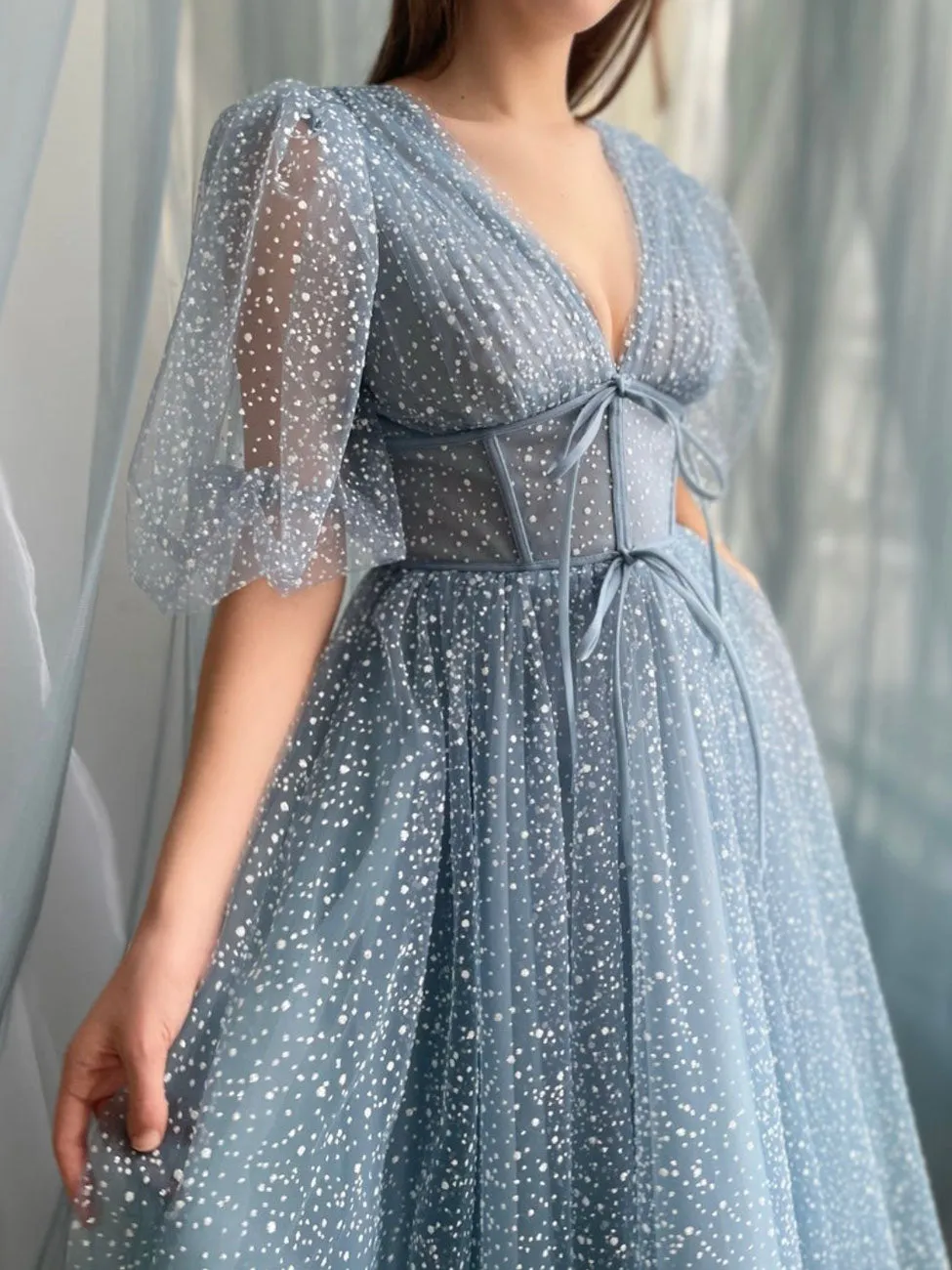 Aline Gray Blue Prom Dresses, Tea Length Gray Blue Bridesmaid Dress