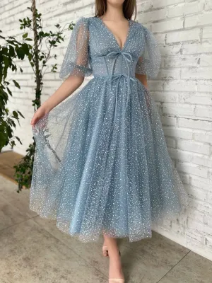 Aline Gray Blue Prom Dresses, Tea Length Gray Blue Bridesmaid Dress