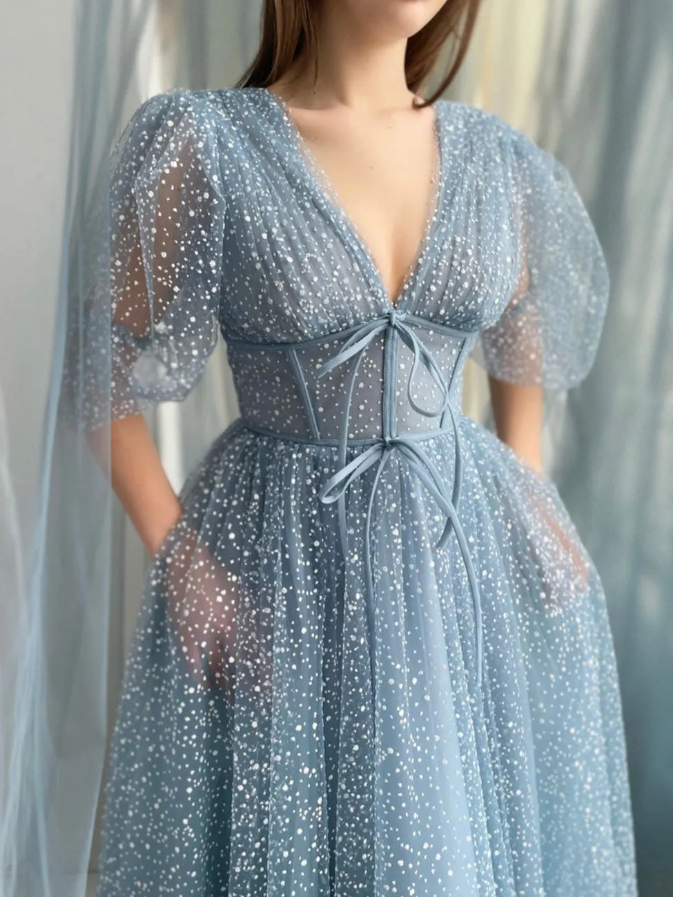 Aline Gray Blue Prom Dresses, Tea Length Gray Blue Bridesmaid Dress