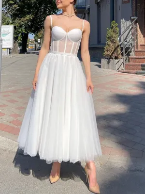Aline sweetheart neck tea length white prom dress, white cocktail dress