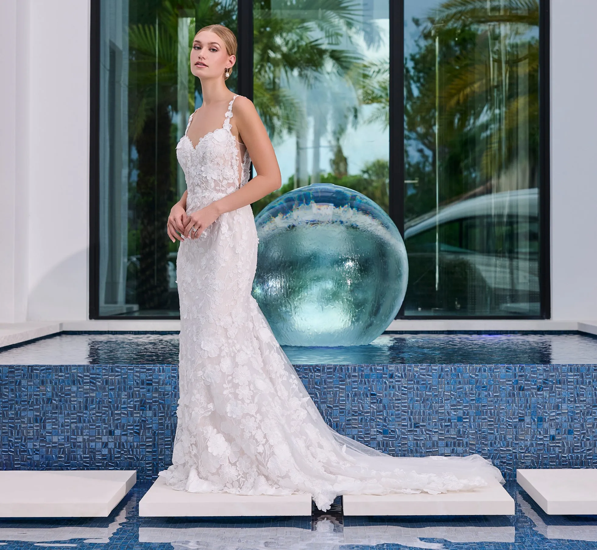 All Over Lace Slim Gown in Ivory Almond