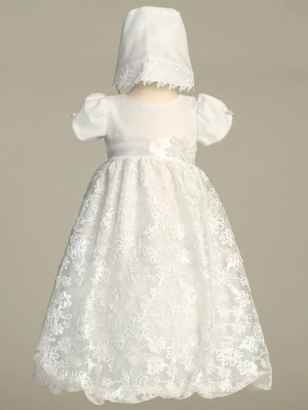 Amber Embroidered Satin Ribbon Tulle Christening Gown
