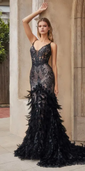 Andrea & Leo A1116 Floor Length Feathered Mermaid Gown