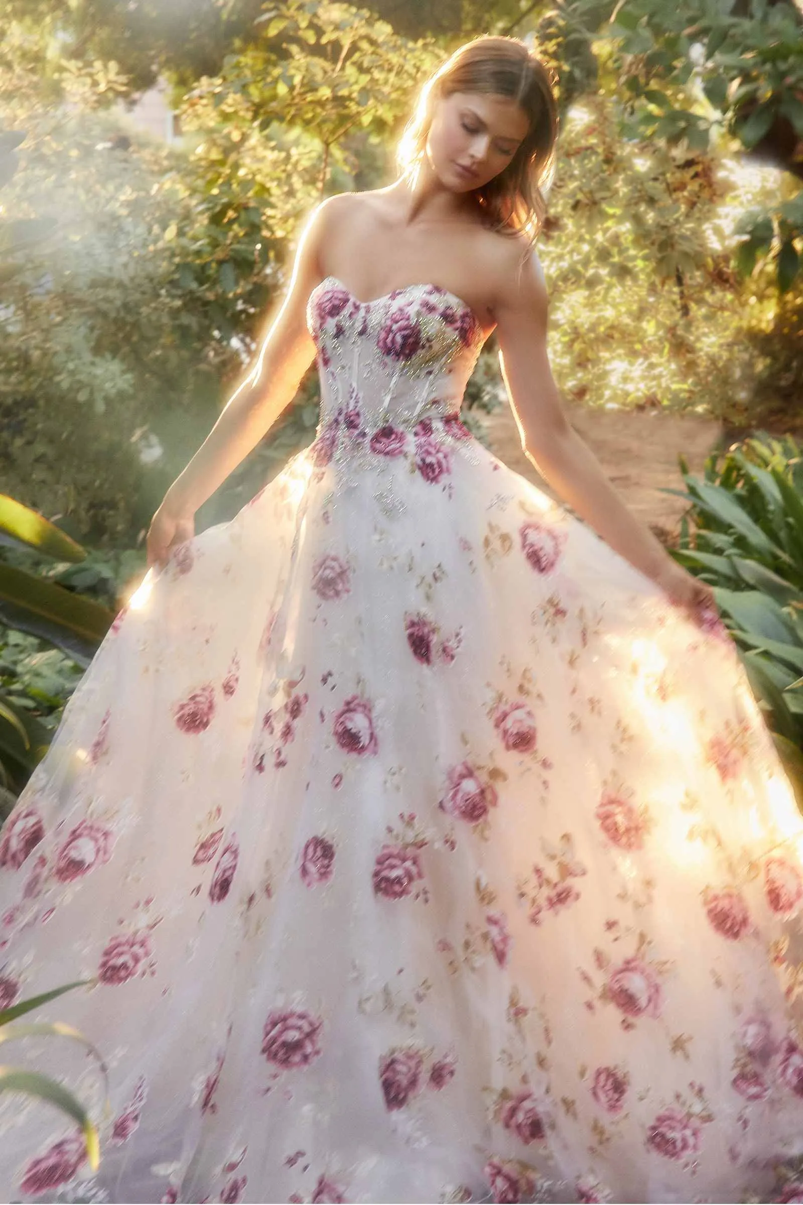 Andrea & Leo A1133 Floor Length Strapless Organza Peony Print Ball Gown