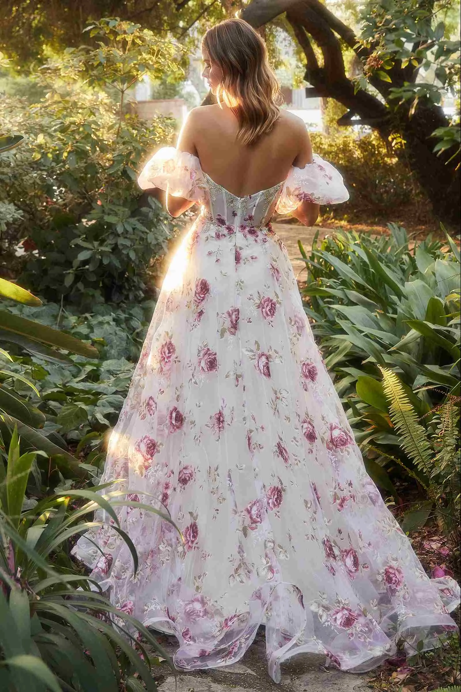 Andrea & Leo A1133 Floor Length Strapless Organza Peony Print Ball Gown
