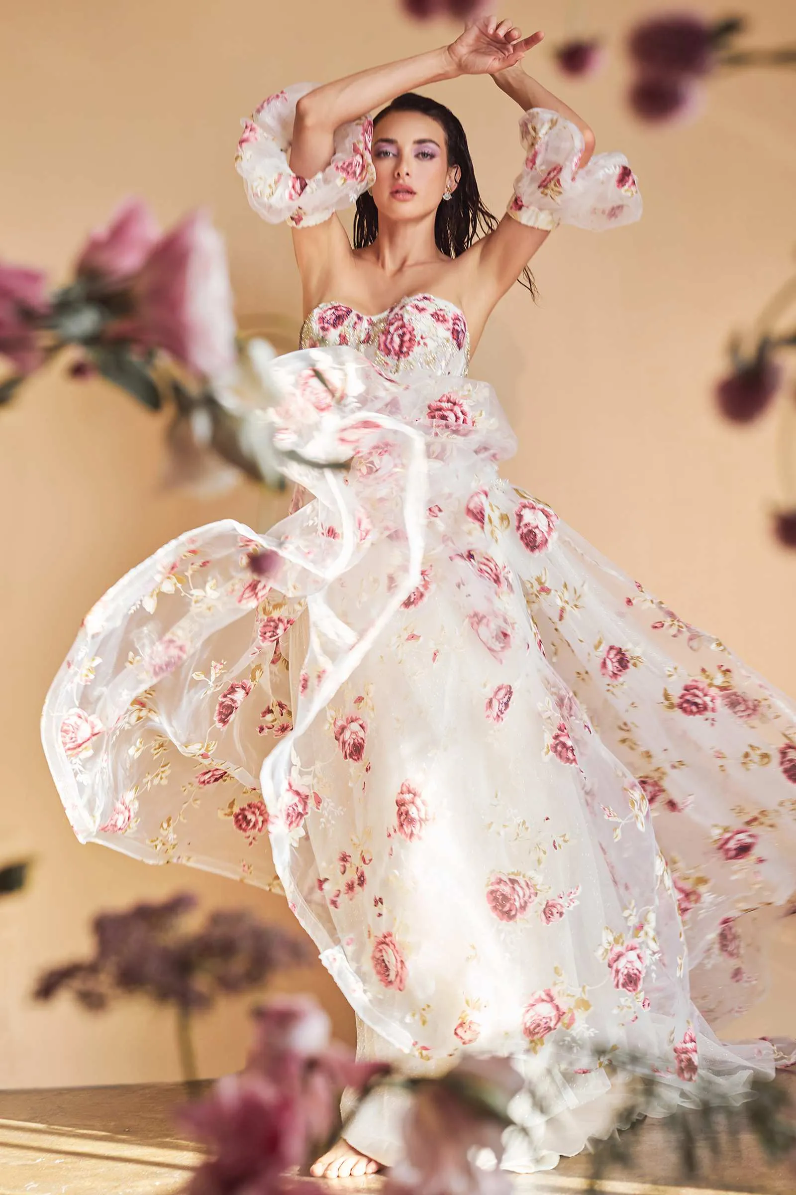 Andrea & Leo A1133 Floor Length Strapless Organza Peony Print Ball Gown