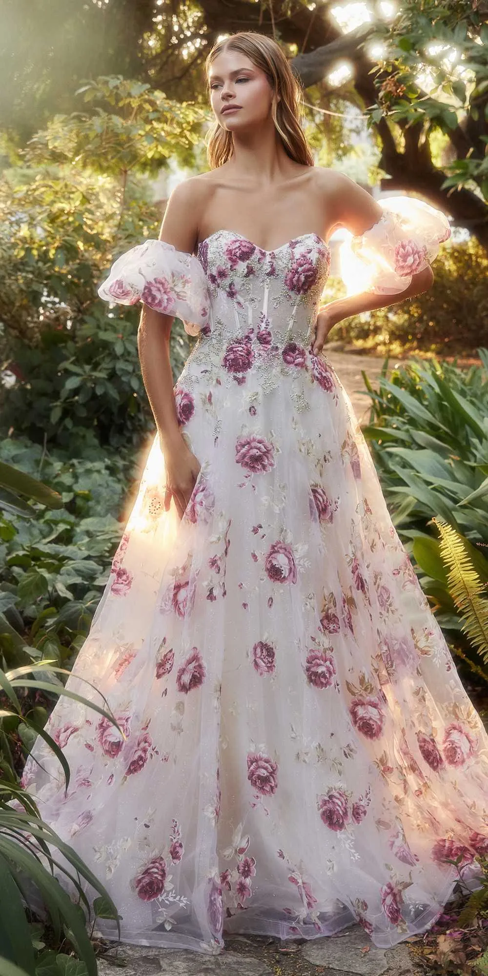 Andrea & Leo A1133 Floor Length Strapless Organza Peony Print Ball Gown