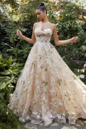 Andrea & Leo A1134 Floor Length Strapless Magnolia Corset Printed Gown
