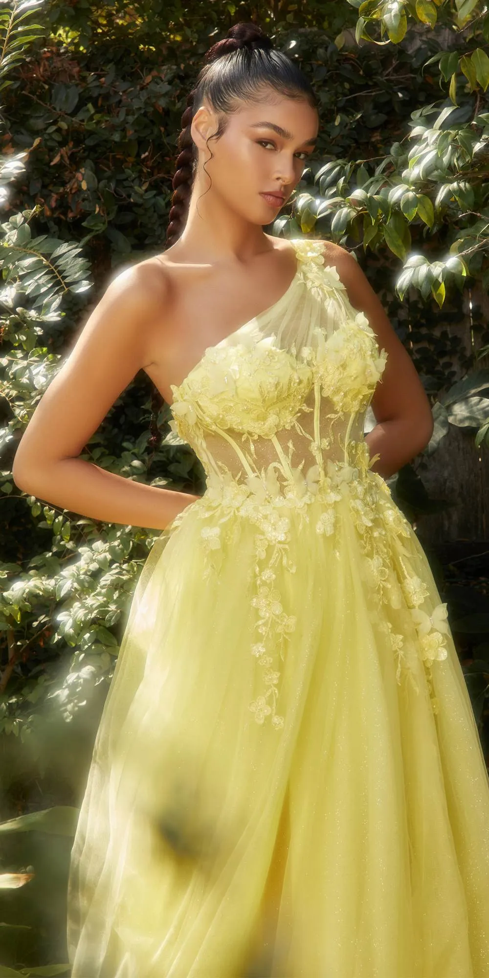 Andrea & Leo A1140 Floor Length One Shoulder Lace Applique Tulle Gown