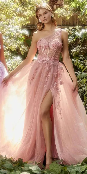 Andrea & Leo A1140 Floor Length One Shoulder Lace Applique Tulle Gown