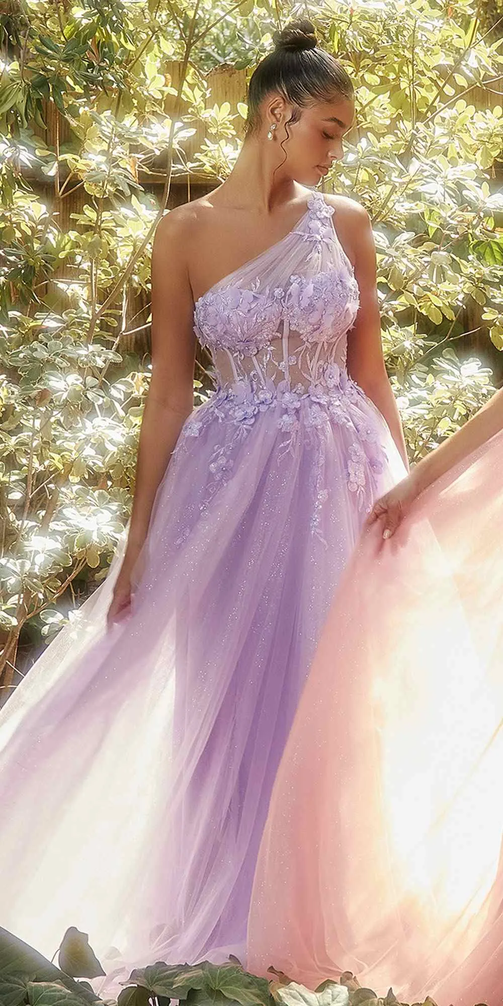 Andrea & Leo A1140 Floor Length One Shoulder Lace Applique Tulle Gown