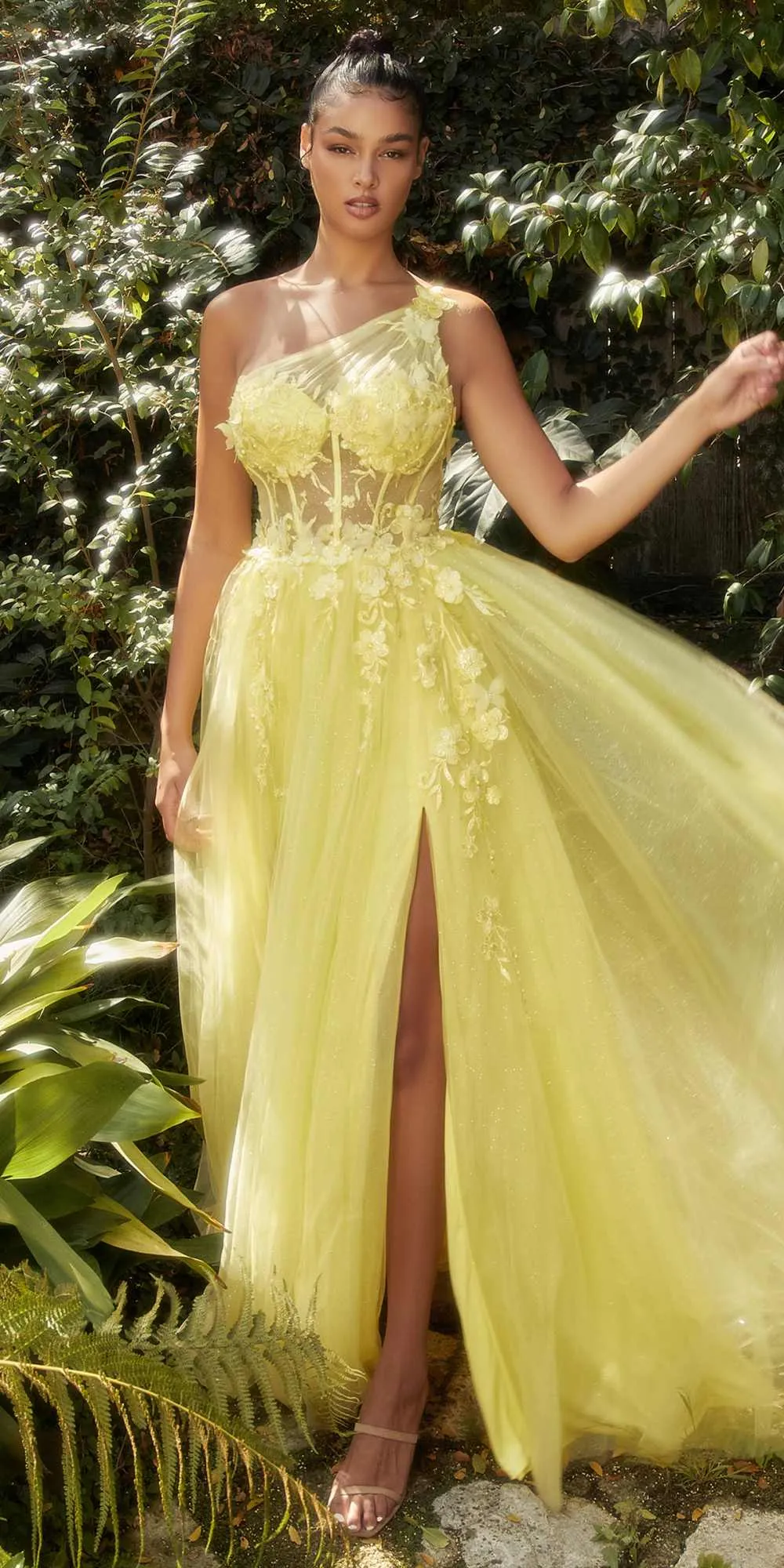 Andrea & Leo A1140 Floor Length One Shoulder Lace Applique Tulle Gown
