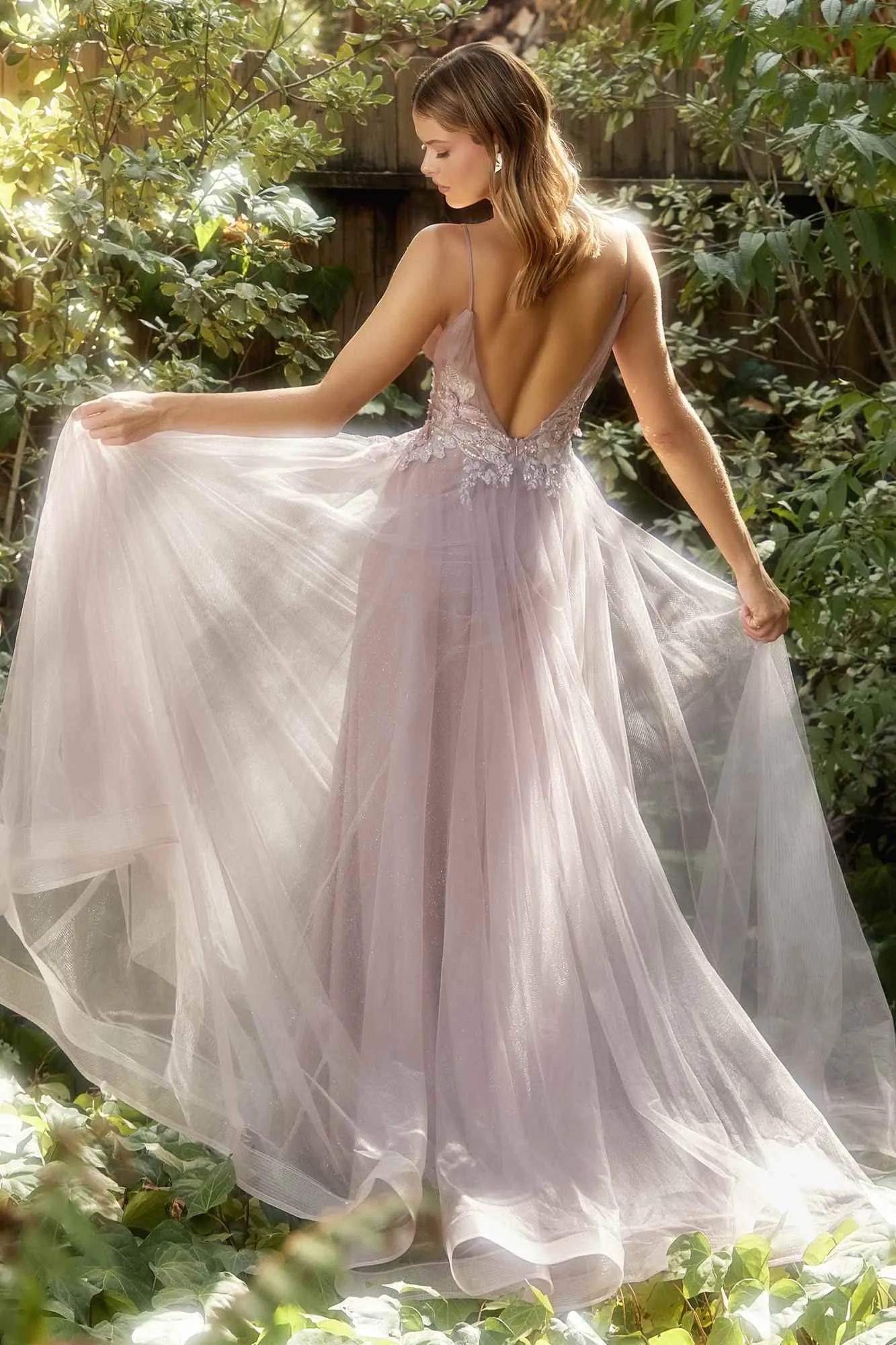 Andrea & Leo A1143 Floor Length Iridescent Sequin Applique Pleated A-Line Gown