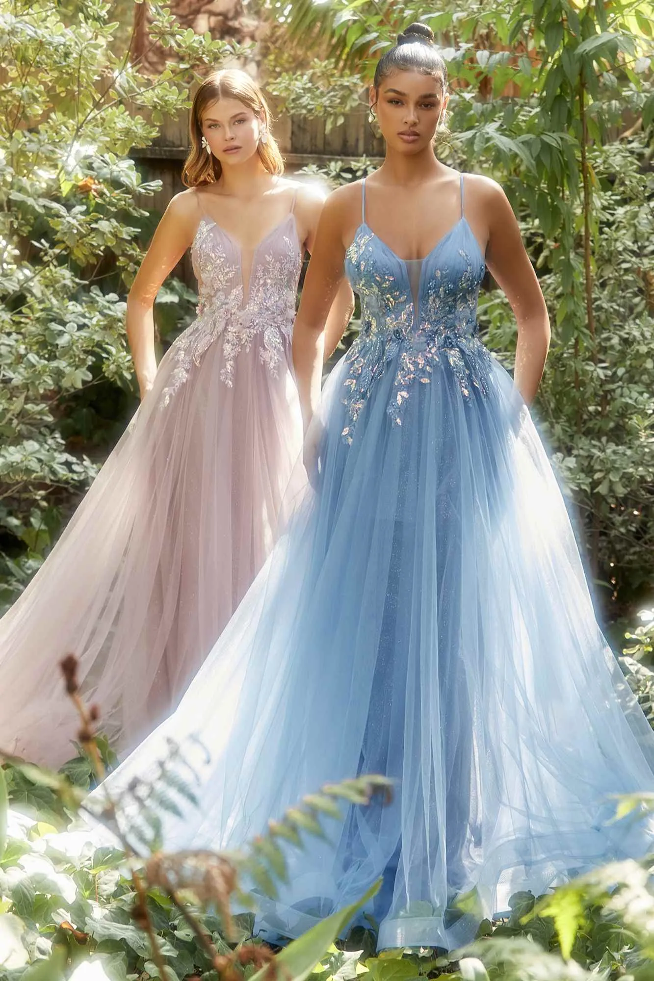Andrea & Leo A1143 Floor Length Iridescent Sequin Applique Pleated A-Line Gown