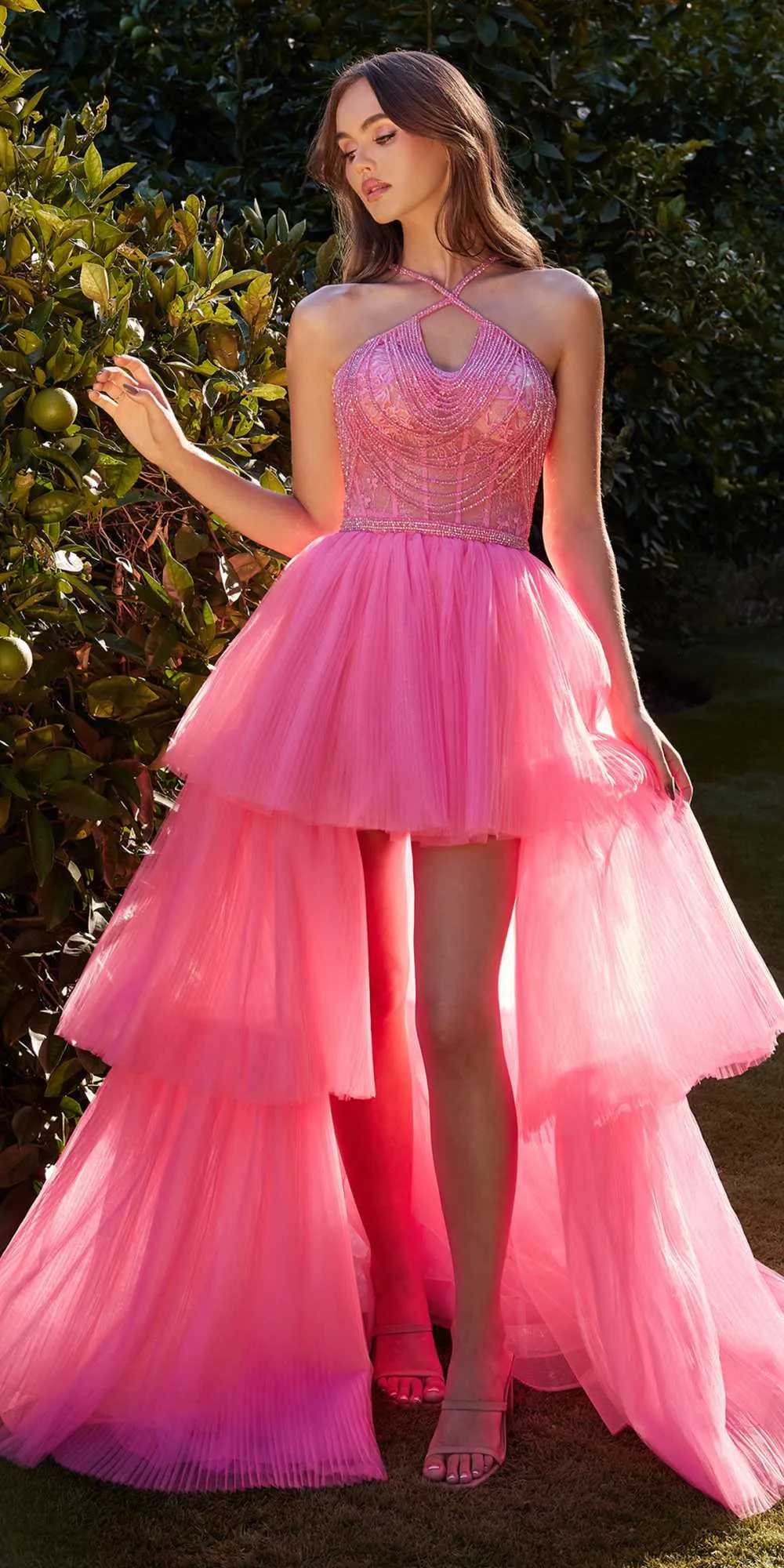 Andrea & Leo A1239 High-Low Halter Strap Beaded Ball Gown
