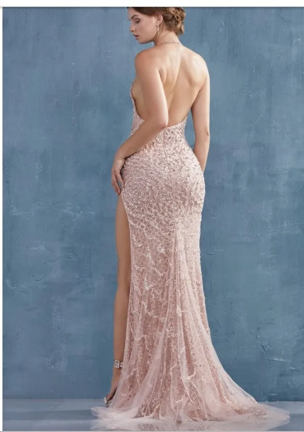 Andrea & Leo Couture A0872 Athena Gown. Fully Beaded Rhinestone & Pearl Halter Neck